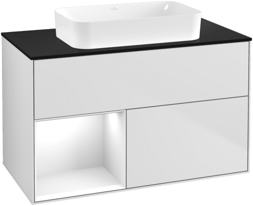 Bild von VILLEROY BOCH Finion Waschbeckenunterschrank, mit Beleuchtung, 2 Auszüge, 1000 x 603 x 501 mm, White Matt Lacquer / Glossy White Lacquer / Glass Black Matt #F652GFMT