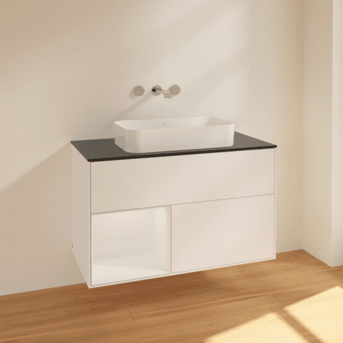 Bild von VILLEROY BOCH Finion Waschbeckenunterschrank, mit Beleuchtung, 2 Auszüge, 1000 x 603 x 501 mm, White Matt Lacquer / Glossy White Lacquer / Glass Black Matt #F652GFMT