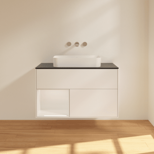 Bild von VILLEROY BOCH Finion Waschbeckenunterschrank, mit Beleuchtung, 2 Auszüge, 1000 x 603 x 501 mm, White Matt Lacquer / Glossy White Lacquer / Glass Black Matt #F652GFMT