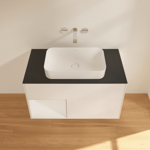 Bild von VILLEROY BOCH Finion Waschbeckenunterschrank, mit Beleuchtung, 2 Auszüge, 1000 x 603 x 501 mm, White Matt Lacquer / Glossy White Lacquer / Glass Black Matt #F652GFMT