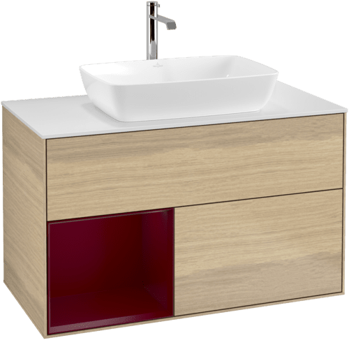 Bild von VILLEROY BOCH Finion Waschbeckenunterschrank, mit Beleuchtung, 2 Auszüge, 1000 x 603 x 501 mm, Oak Veneer / Peony Matt Lacquer / Glass White Matt #F771HBPC
