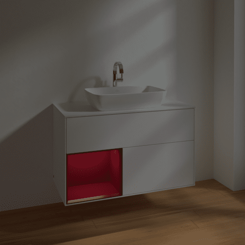 Obrázek VILLEROY BOCH Toaletní skříňka Finion, s osvětlením, 2 výsuvy, 1000 x 603 x 501 mm, bílý matný lak / pivoňkový matný lak / bílé matné sklo #F771HBMT