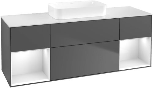 Bild von VILLEROY BOCH Finion Waschbeckenunterschrank, mit Beleuchtung, 4 Auszüge, 1600 x 603 x 501 mm, Anthracite Matt Lacquer / Glossy White Lacquer / Glass White Matt #F741GFGK