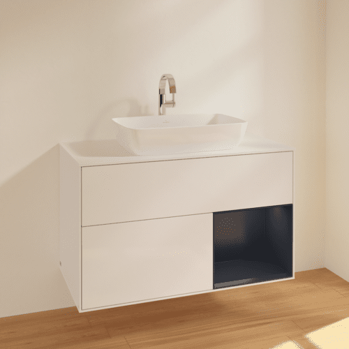 Bild von VILLEROY BOCH Finion Waschbeckenunterschrank, mit Beleuchtung, 2 Auszüge, 1000 x 603 x 501 mm, Glossy White Lacquer / Midnight Blue Matt Lacquer / Glass White Matt #F781HGGF