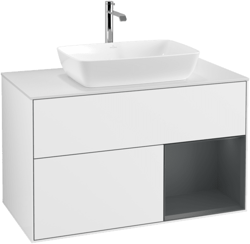 Bild von VILLEROY BOCH Finion Waschbeckenunterschrank, mit Beleuchtung, 2 Auszüge, 1000 x 603 x 501 mm, Glossy White Lacquer / Midnight Blue Matt Lacquer / Glass White Matt #F781HGGF