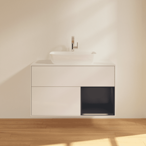Bild von VILLEROY BOCH Finion Waschbeckenunterschrank, mit Beleuchtung, 2 Auszüge, 1000 x 603 x 501 mm, Glossy White Lacquer / Midnight Blue Matt Lacquer / Glass White Matt #F781HGGF