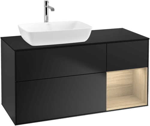 Bild von VILLEROY BOCH Finion Waschbeckenunterschrank, mit Beleuchtung, 3 Auszüge, 1200 x 603 x 501 mm, Black Matt Lacquer / Oak Veneer / Glass Black Matt #F812PCPD