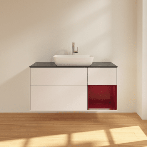 Bild von VILLEROY BOCH Finion Waschbeckenunterschrank, mit Beleuchtung, 3 Auszüge, 1200 x 603 x 501 mm, White Matt Lacquer / Peony Matt Lacquer / Glass Black Matt #F832HBMT