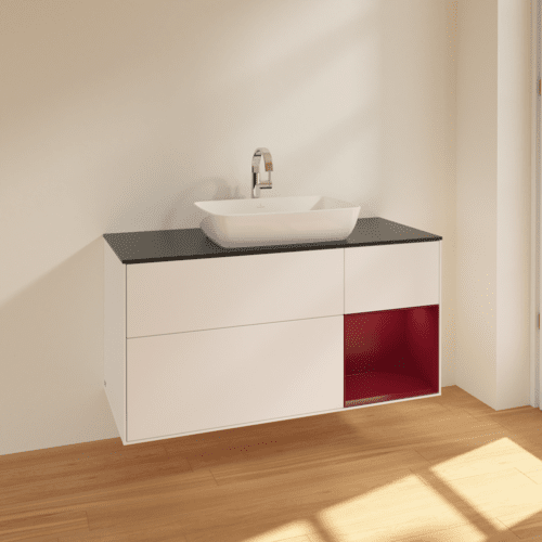 Bild von VILLEROY BOCH Finion Waschbeckenunterschrank, mit Beleuchtung, 3 Auszüge, 1200 x 603 x 501 mm, White Matt Lacquer / Peony Matt Lacquer / Glass Black Matt #F832HBMT