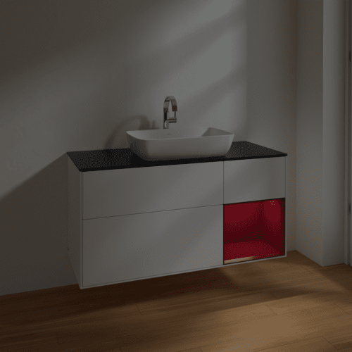 Bild von VILLEROY BOCH Finion Waschbeckenunterschrank, mit Beleuchtung, 3 Auszüge, 1200 x 603 x 501 mm, White Matt Lacquer / Peony Matt Lacquer / Glass Black Matt #F832HBMT