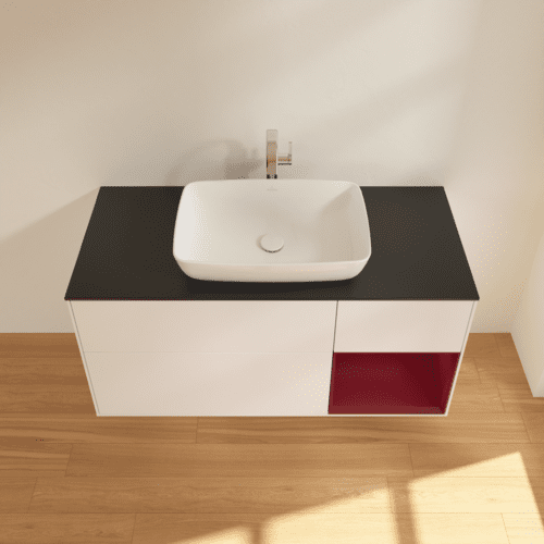 Bild von VILLEROY BOCH Finion Waschbeckenunterschrank, mit Beleuchtung, 3 Auszüge, 1200 x 603 x 501 mm, White Matt Lacquer / Peony Matt Lacquer / Glass Black Matt #F832HBMT