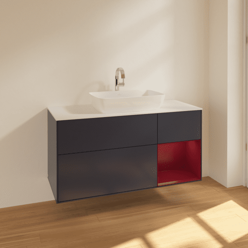 Bild von VILLEROY BOCH Finion Waschbeckenunterschrank, mit Beleuchtung, 3 Auszüge, 1200 x 603 x 501 mm, Midnight Blue Matt Lacquer / Peony Matt Lacquer / Glass White Matt #F831HBHG
