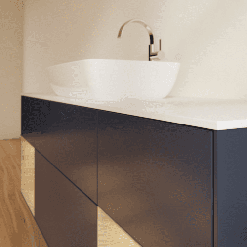 Bild von VILLEROY BOCH Finion Waschbeckenunterschrank, mit Beleuchtung, 4 Auszüge, 1600 x 603 x 501 mm, Midnight Blue Matt Lacquer / Oak Veneer / Glass White Matt #F861PCHG