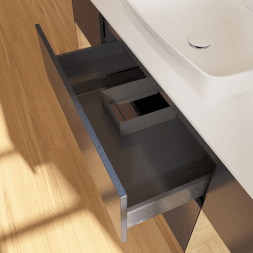Bild von VILLEROY BOCH Finion Waschbeckenunterschrank, mit Beleuchtung, 4 Auszüge, 1600 x 603 x 501 mm, Midnight Blue Matt Lacquer / Oak Veneer / Glass White Matt #F861PCHG