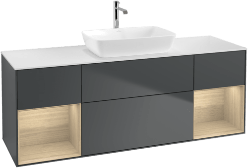 Bild von VILLEROY BOCH Finion Waschbeckenunterschrank, mit Beleuchtung, 4 Auszüge, 1600 x 603 x 501 mm, Midnight Blue Matt Lacquer / Oak Veneer / Glass White Matt #F861PCHG