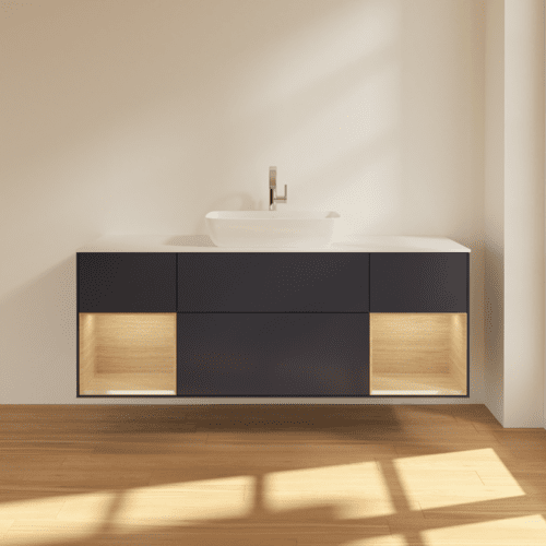 Bild von VILLEROY BOCH Finion Waschbeckenunterschrank, mit Beleuchtung, 4 Auszüge, 1600 x 603 x 501 mm, Midnight Blue Matt Lacquer / Oak Veneer / Glass White Matt #F861PCHG