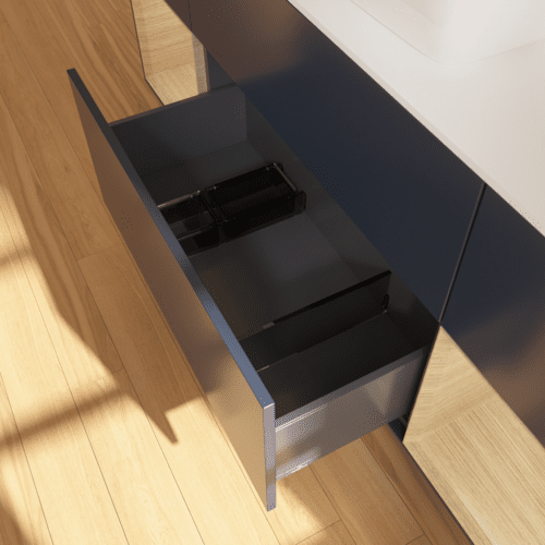 Bild von VILLEROY BOCH Finion Waschbeckenunterschrank, mit Beleuchtung, 4 Auszüge, 1600 x 603 x 501 mm, Midnight Blue Matt Lacquer / Oak Veneer / Glass White Matt #F861PCHG