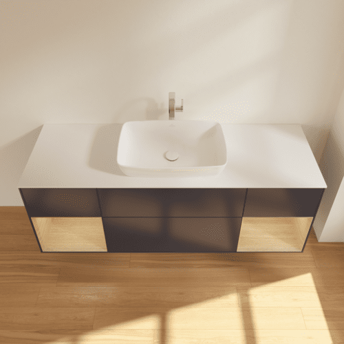 Bild von VILLEROY BOCH Finion Waschbeckenunterschrank, mit Beleuchtung, 4 Auszüge, 1600 x 603 x 501 mm, Midnight Blue Matt Lacquer / Oak Veneer / Glass White Matt #F861PCHG