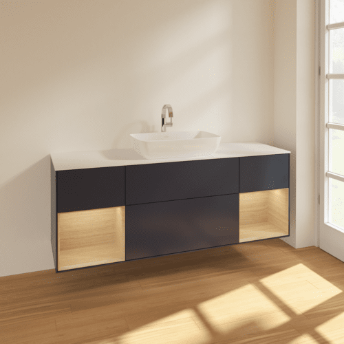 Bild von VILLEROY BOCH Finion Waschbeckenunterschrank, mit Beleuchtung, 4 Auszüge, 1600 x 603 x 501 mm, Midnight Blue Matt Lacquer / Oak Veneer / Glass White Matt #F861PCHG