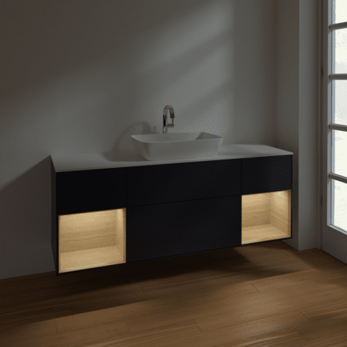 Bild von VILLEROY BOCH Finion Waschbeckenunterschrank, mit Beleuchtung, 4 Auszüge, 1600 x 603 x 501 mm, Midnight Blue Matt Lacquer / Oak Veneer / Glass White Matt #F861PCHG