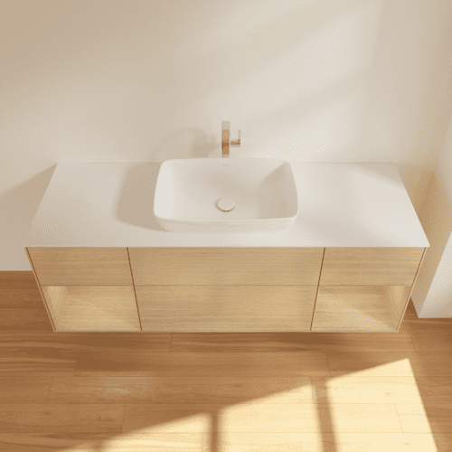 Picture of VILLEROY BOCH Finion Vanity unit, with lighting, 4 pull-out compartments, 1600 x 603 x 501 mm, Oak Veneer / Oak Veneer / Glass White Matt #F861PCPC