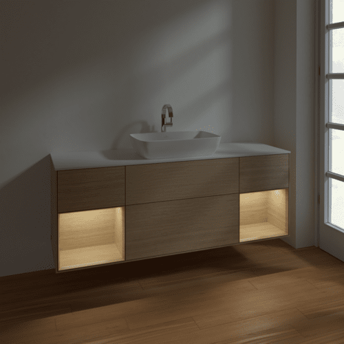 Picture of VILLEROY BOCH Finion Vanity unit, with lighting, 4 pull-out compartments, 1600 x 603 x 501 mm, Oak Veneer / Oak Veneer / Glass White Matt #F861PCPC