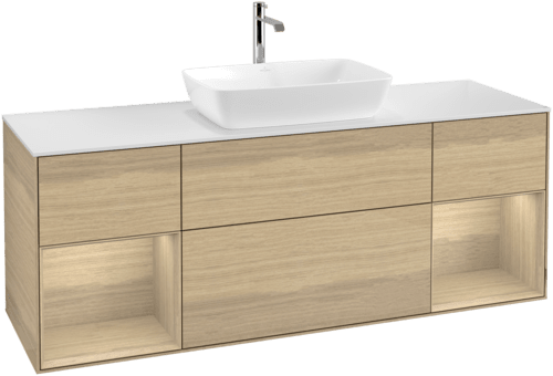 Bild von VILLEROY BOCH Finion Waschbeckenunterschrank, mit Beleuchtung, 4 Auszüge, 1600 x 603 x 501 mm, Oak Veneer / Oak Veneer / Glass White Matt #F861PCPC