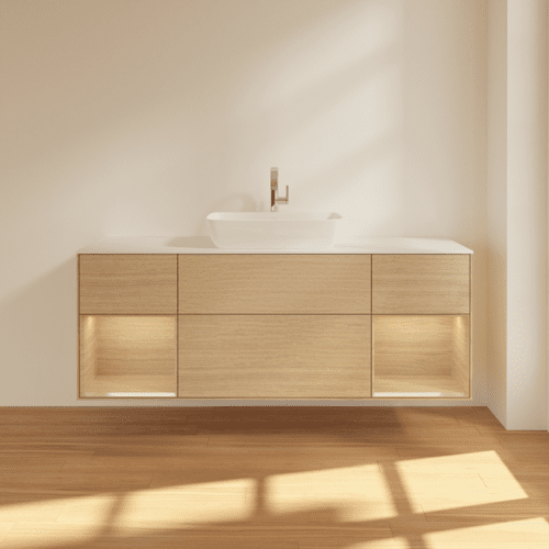 Picture of VILLEROY BOCH Finion Vanity unit, with lighting, 4 pull-out compartments, 1600 x 603 x 501 mm, Oak Veneer / Oak Veneer / Glass White Matt #F861PCPC