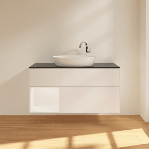 Bild von VILLEROY BOCH Finion Waschbeckenunterschrank, mit Beleuchtung, 3 Auszüge, 1200 x 603 x 501 mm, White Matt Lacquer / White Matt Lacquer / Glass Black Matt #F942MTMT