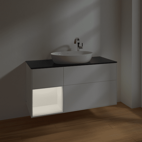 Bild von VILLEROY BOCH Finion Waschbeckenunterschrank, mit Beleuchtung, 3 Auszüge, 1200 x 603 x 501 mm, White Matt Lacquer / White Matt Lacquer / Glass Black Matt #F942MTMT