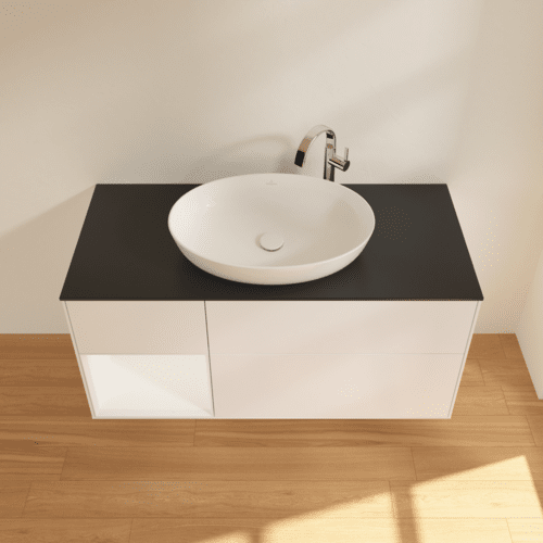 Bild von VILLEROY BOCH Finion Waschbeckenunterschrank, mit Beleuchtung, 3 Auszüge, 1200 x 603 x 501 mm, White Matt Lacquer / White Matt Lacquer / Glass Black Matt #F942MTMT