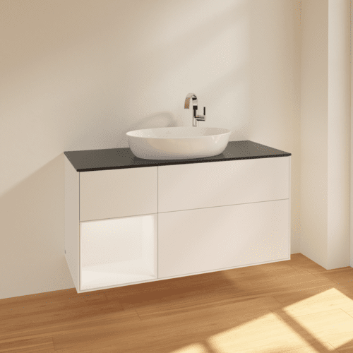 Bild von VILLEROY BOCH Finion Waschbeckenunterschrank, mit Beleuchtung, 3 Auszüge, 1200 x 603 x 501 mm, White Matt Lacquer / White Matt Lacquer / Glass Black Matt #F942MTMT