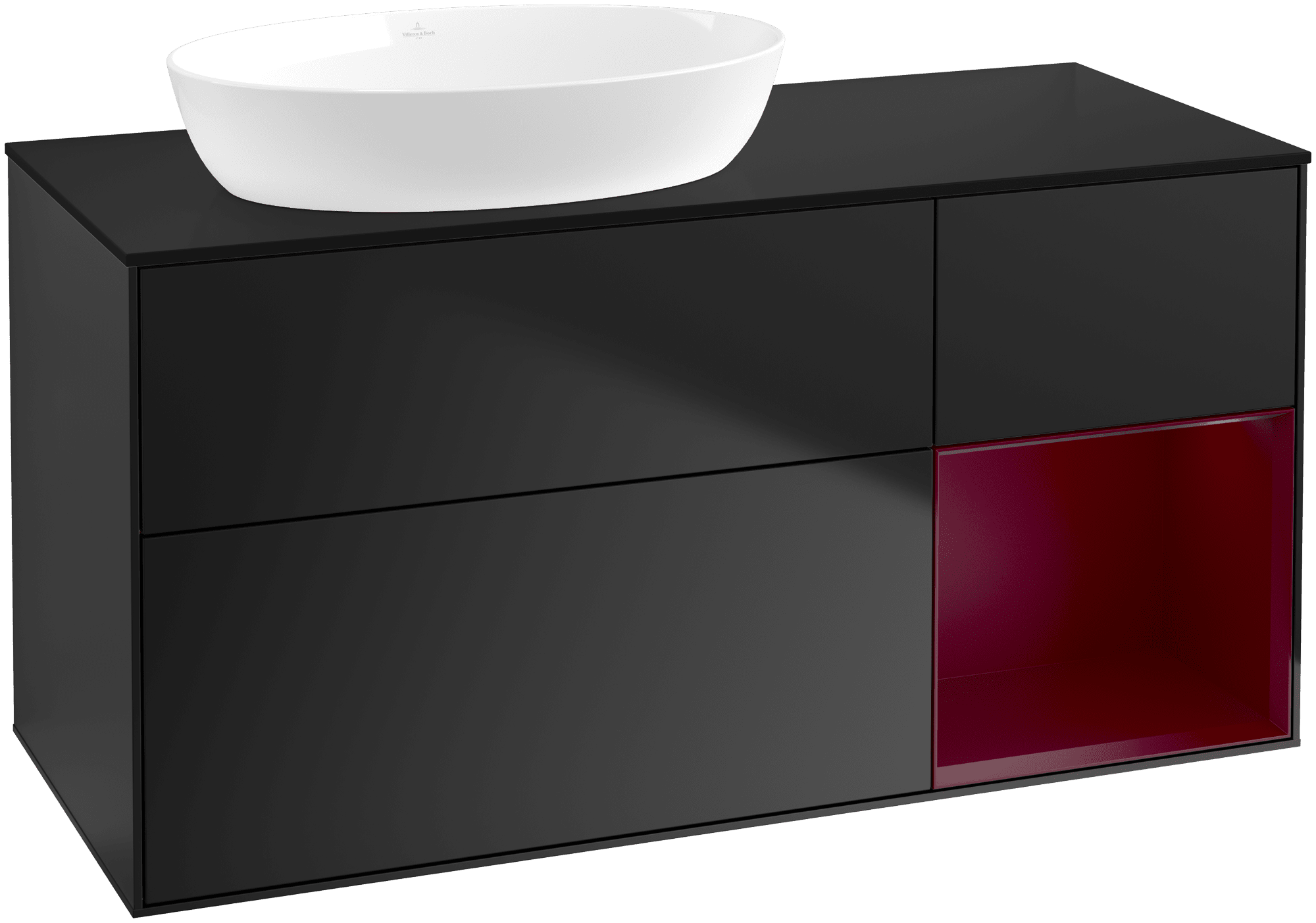 Bild von VILLEROY BOCH Finion Waschbeckenunterschrank, mit Beleuchtung, 3 Auszüge, 1200 x 603 x 501 mm, Black Matt Lacquer / Peony Matt Lacquer / Glass Black Matt #FA52HBPD