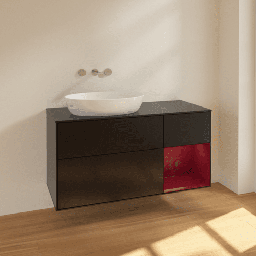 Obrázek VILLEROY BOCH Finion Vanity unit, with lighting, 3 pull-out compartments, 1200 x 603 x 501 mm, Black Matt Lacquer / Peony Matt Lacquer / Glass Black Matt #FA52HBPD