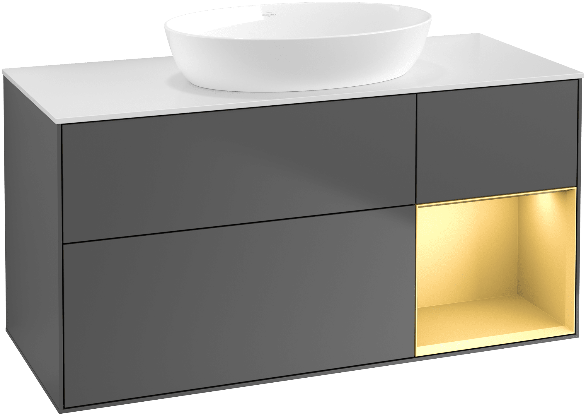 Bild von VILLEROY BOCH Finion Waschbeckenunterschrank, mit Beleuchtung, 3 Auszüge, 1200 x 603 x 501 mm, Anthracite Matt Lacquer / Gold Matt Lacquer / Glass White Matt #FA71HFGK