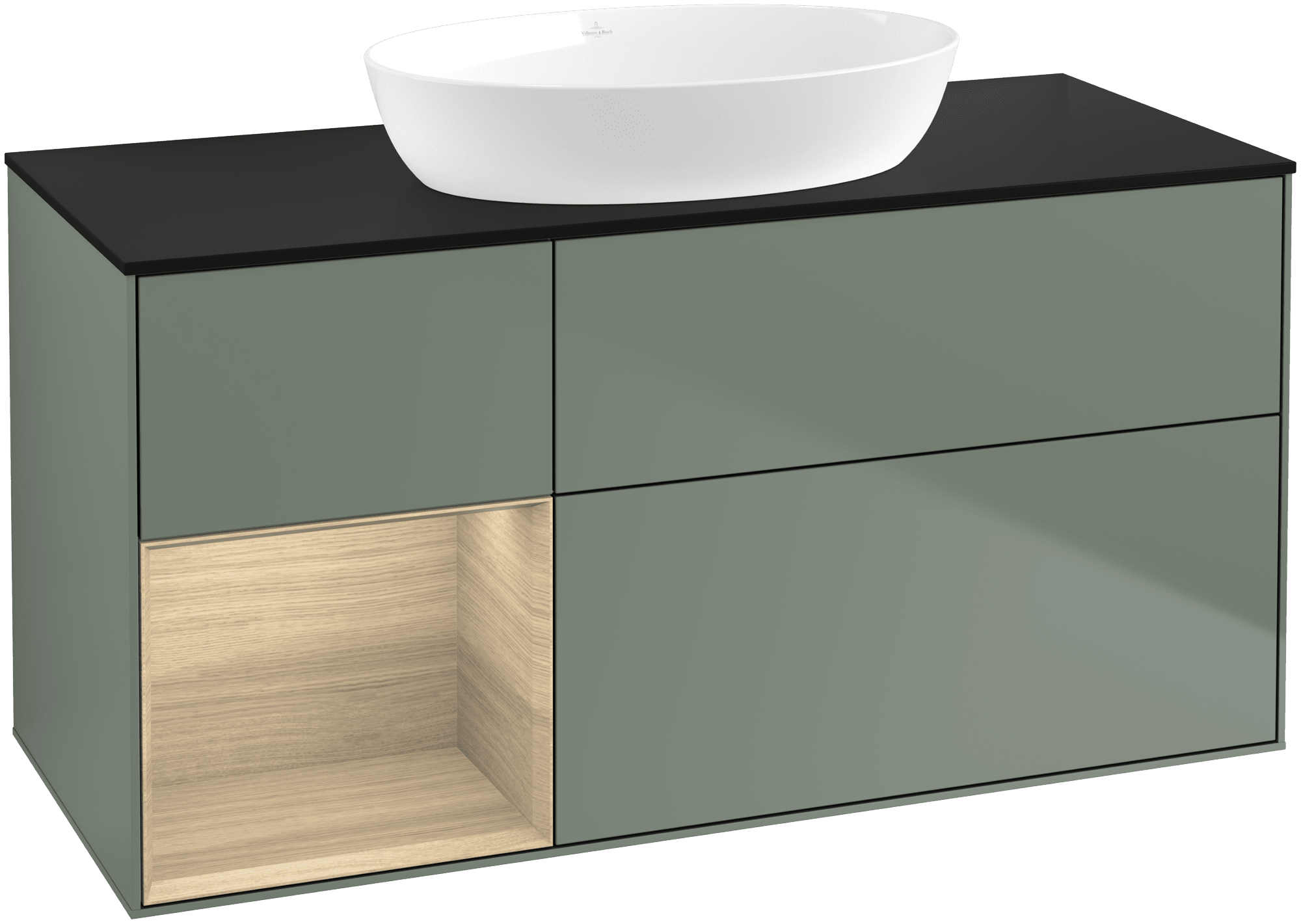 Bild von VILLEROY BOCH Finion Waschbeckenunterschrank, mit Beleuchtung, 3 Auszüge, 1200 x 603 x 501 mm, Olive Matt Lacquer / Oak Veneer / Glass Black Matt #FA62PCGM