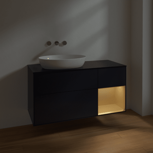 Picture of VILLEROY BOCH Finion Vanity unit, with lighting, 3 pull-out compartments, 1200 x 603 x 501 mm, Midnight Blue Matt Lacquer / Gold Matt Lacquer / Glass Black Matt #FA52HFHG