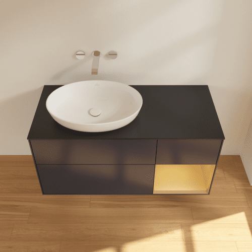 Picture of VILLEROY BOCH Finion Vanity unit, with lighting, 3 pull-out compartments, 1200 x 603 x 501 mm, Midnight Blue Matt Lacquer / Gold Matt Lacquer / Glass Black Matt #FA52HFHG