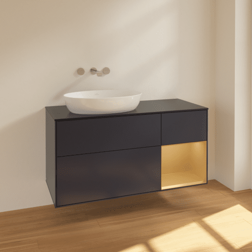 Picture of VILLEROY BOCH Finion Vanity unit, with lighting, 3 pull-out compartments, 1200 x 603 x 501 mm, Midnight Blue Matt Lacquer / Gold Matt Lacquer / Glass Black Matt #FA52HFHG