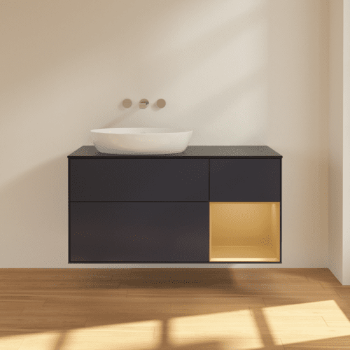 Picture of VILLEROY BOCH Finion Vanity unit, with lighting, 3 pull-out compartments, 1200 x 603 x 501 mm, Midnight Blue Matt Lacquer / Gold Matt Lacquer / Glass Black Matt #FA52HFHG