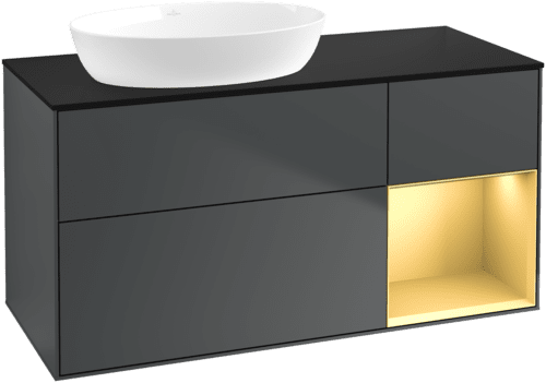 Obrázek VILLEROY BOCH Finion Vanity unit, with lighting, 3 pull-out compartments, 1200 x 603 x 501 mm, Midnight Blue Matt Lacquer / Gold Matt Lacquer / Glass Black Matt #FA52HFHG