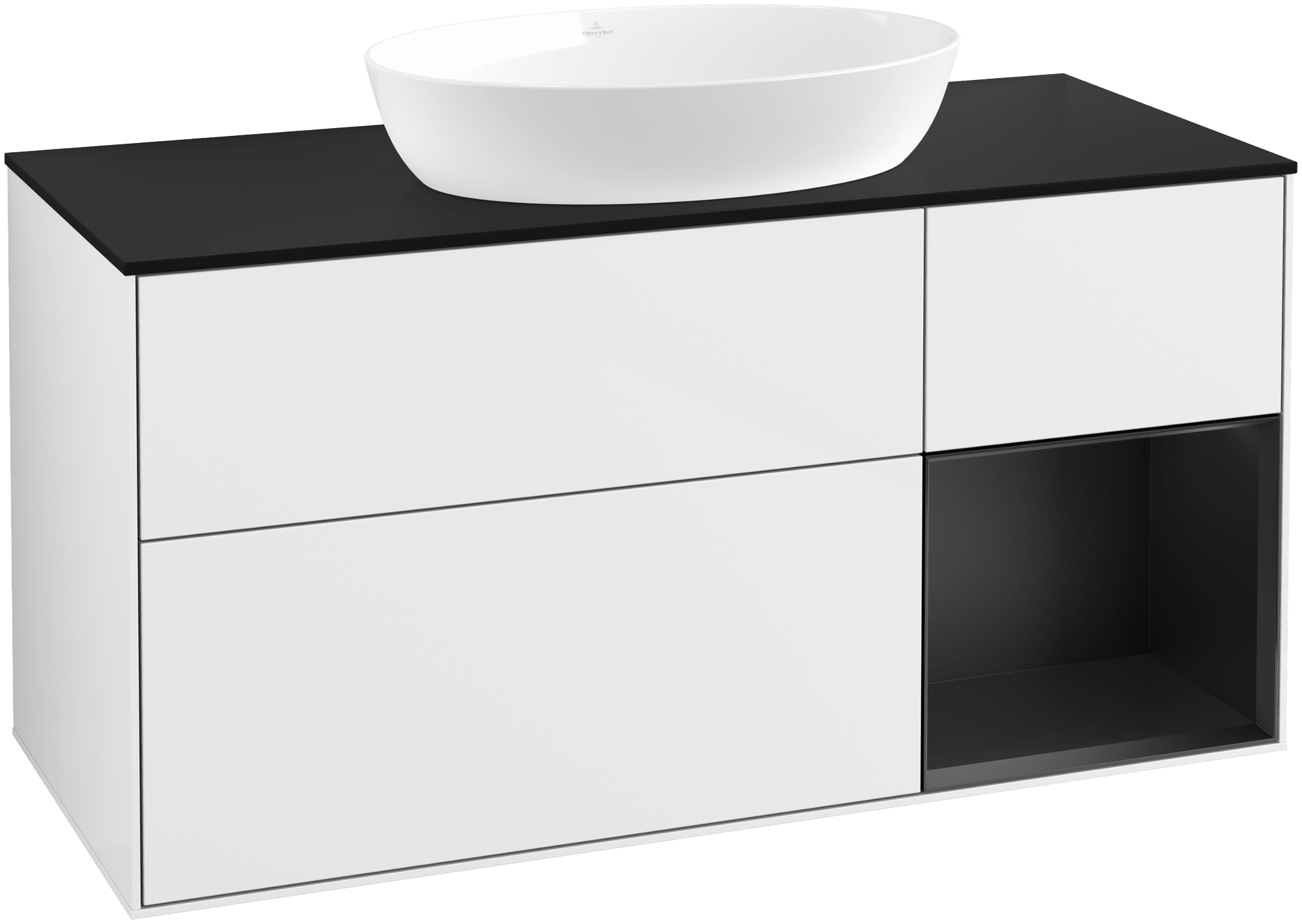 Bild von VILLEROY BOCH Finion Waschbeckenunterschrank, mit Beleuchtung, 3 Auszüge, 1200 x 603 x 501 mm, Glossy White Lacquer / Black Matt Lacquer / Glass Black Matt #FA72PDGF