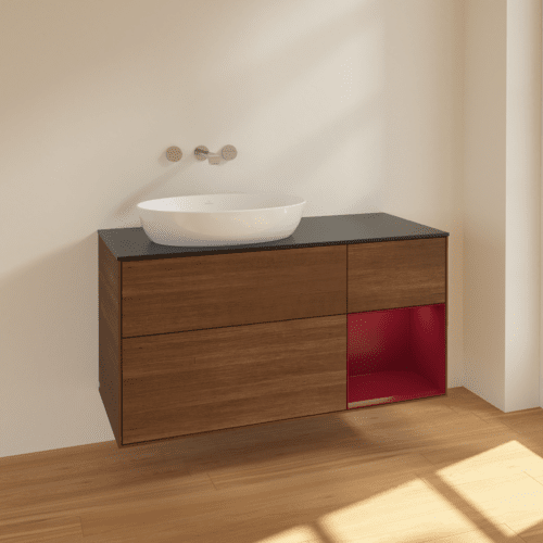 Bild von VILLEROY BOCH Finion Waschbeckenunterschrank, mit Beleuchtung, 3 Auszüge, 1200 x 603 x 501 mm, Walnut Veneer / Peony Matt Lacquer / Glass Black Matt #FA52HBGN