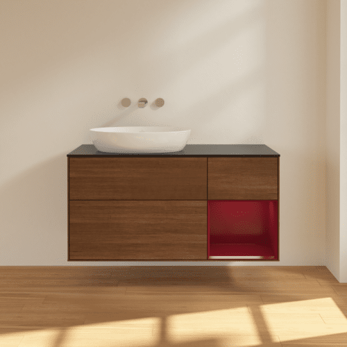 Bild von VILLEROY BOCH Finion Waschbeckenunterschrank, mit Beleuchtung, 3 Auszüge, 1200 x 603 x 501 mm, Walnut Veneer / Peony Matt Lacquer / Glass Black Matt #FA52HBGN
