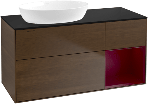 Bild von VILLEROY BOCH Finion Waschbeckenunterschrank, mit Beleuchtung, 3 Auszüge, 1200 x 603 x 501 mm, Walnut Veneer / Peony Matt Lacquer / Glass Black Matt #FA52HBGN