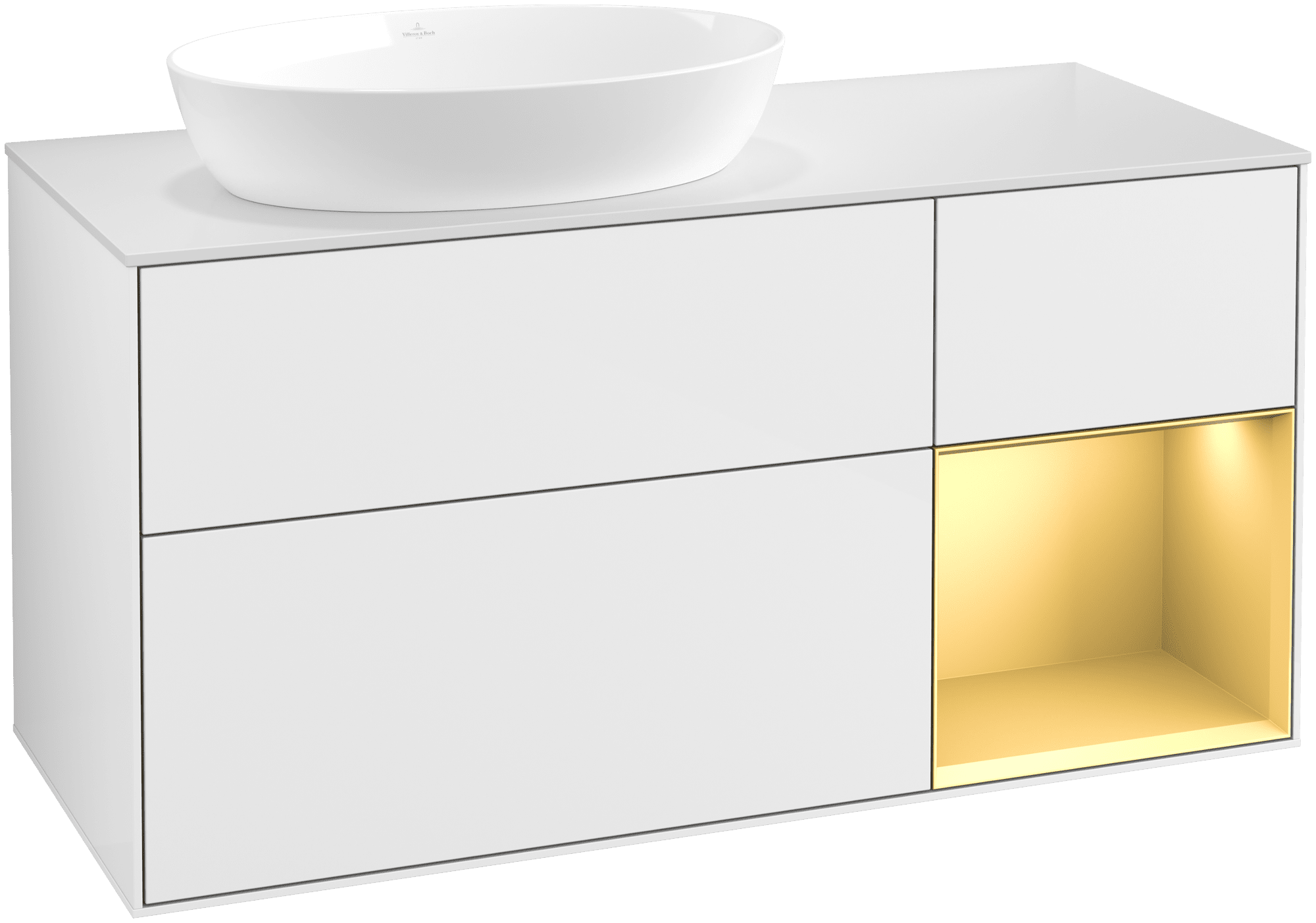 Bild von VILLEROY BOCH Finion Waschbeckenunterschrank, mit Beleuchtung, 3 Auszüge, 1200 x 603 x 501 mm, Glossy White Lacquer / Gold Matt Lacquer / Glass White Matt #FA51HFGF