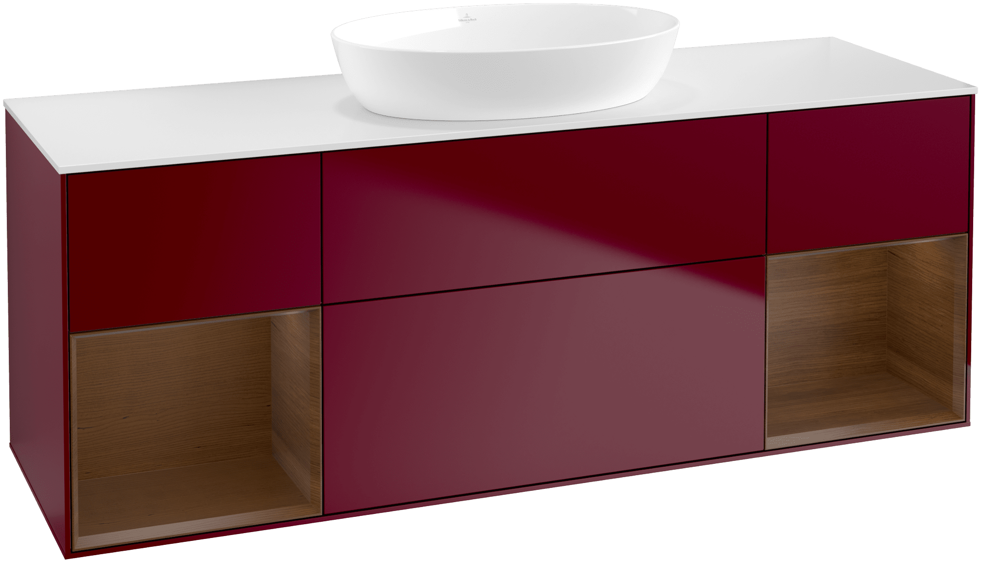 Bild von VILLEROY BOCH Finion Waschbeckenunterschrank, mit Beleuchtung, 4 Auszüge, 1600 x 603 x 501 mm, Peony Matt Lacquer / Walnut Veneer / Glass White Matt #FD01GNHB