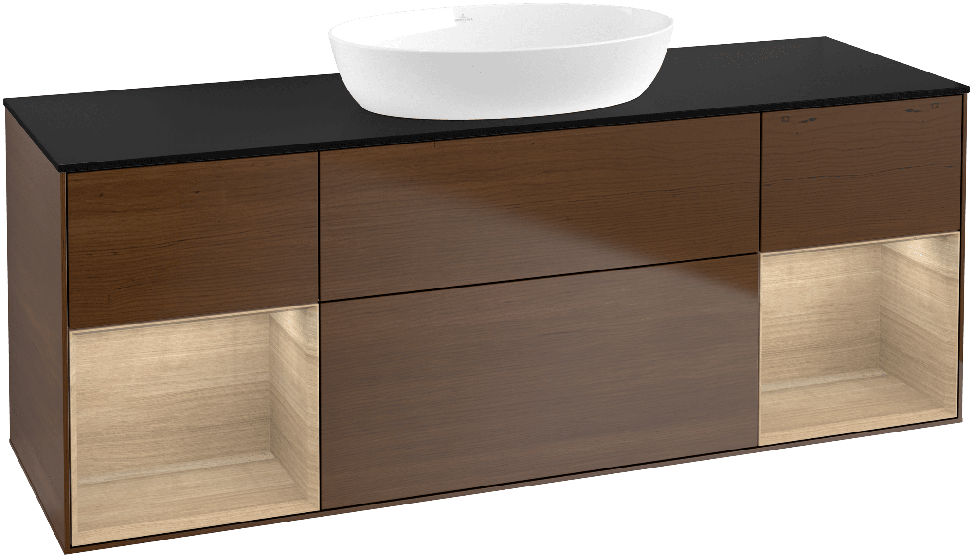 Bild von VILLEROY BOCH Finion Waschbeckenunterschrank, mit Beleuchtung, 4 Auszüge, 1600 x 603 x 501 mm, Walnut Veneer / Oak Veneer / Glass Black Matt #FD02PCGN