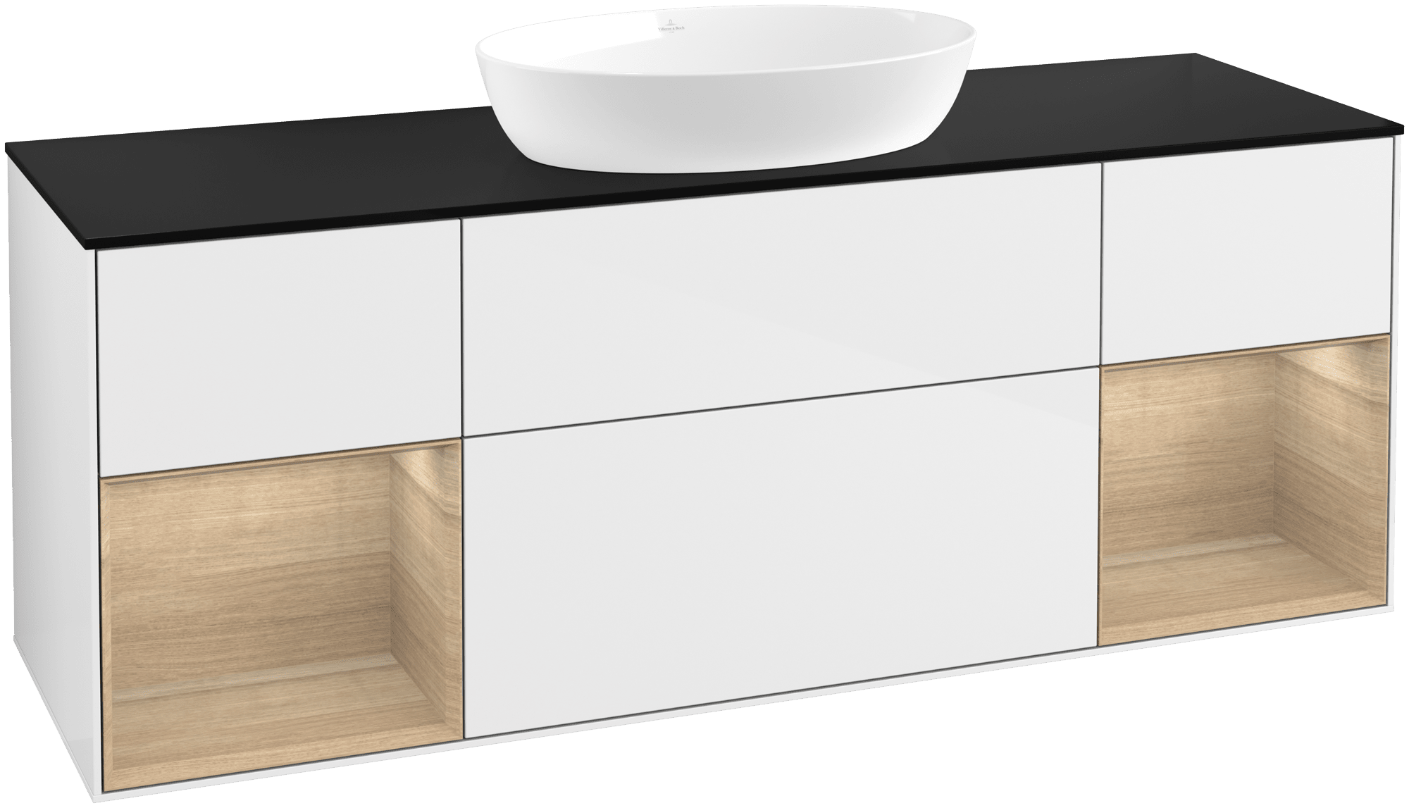 Bild von VILLEROY BOCH Finion Waschbeckenunterschrank, mit Beleuchtung, 4 Auszüge, 1600 x 603 x 501 mm, Glossy White Lacquer / Oak Veneer / Glass Black Matt #FD02PCGF