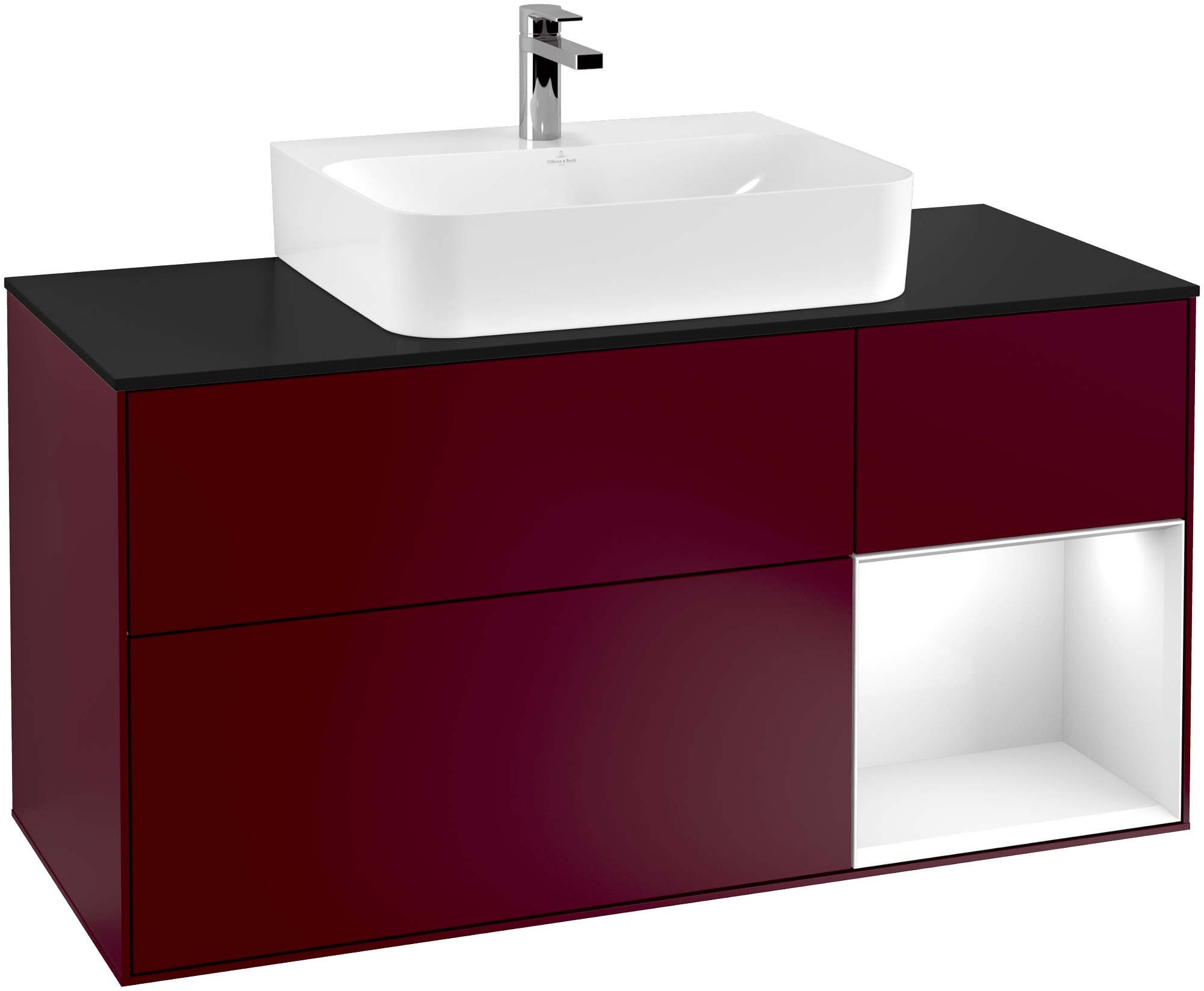 Bild von VILLEROY BOCH Finion Waschbeckenunterschrank, mit Beleuchtung, 3 Auszüge, 1200 x 603 x 501 mm, Peony Matt Lacquer / Glossy White Lacquer / Glass Black Matt #G172GFHB